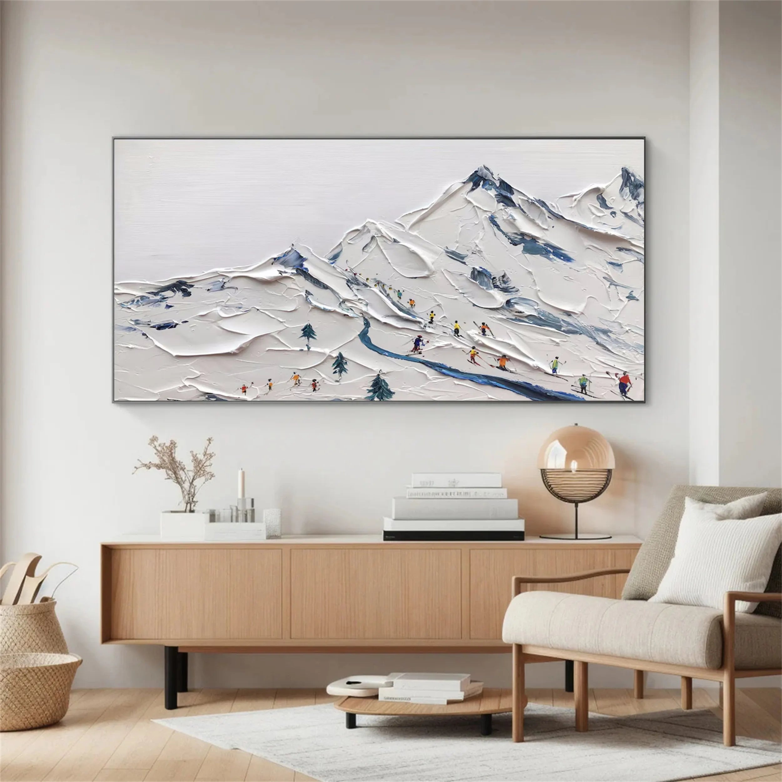 3D Textured Mountain Art with Skiers | Large Winter Scene Painting
