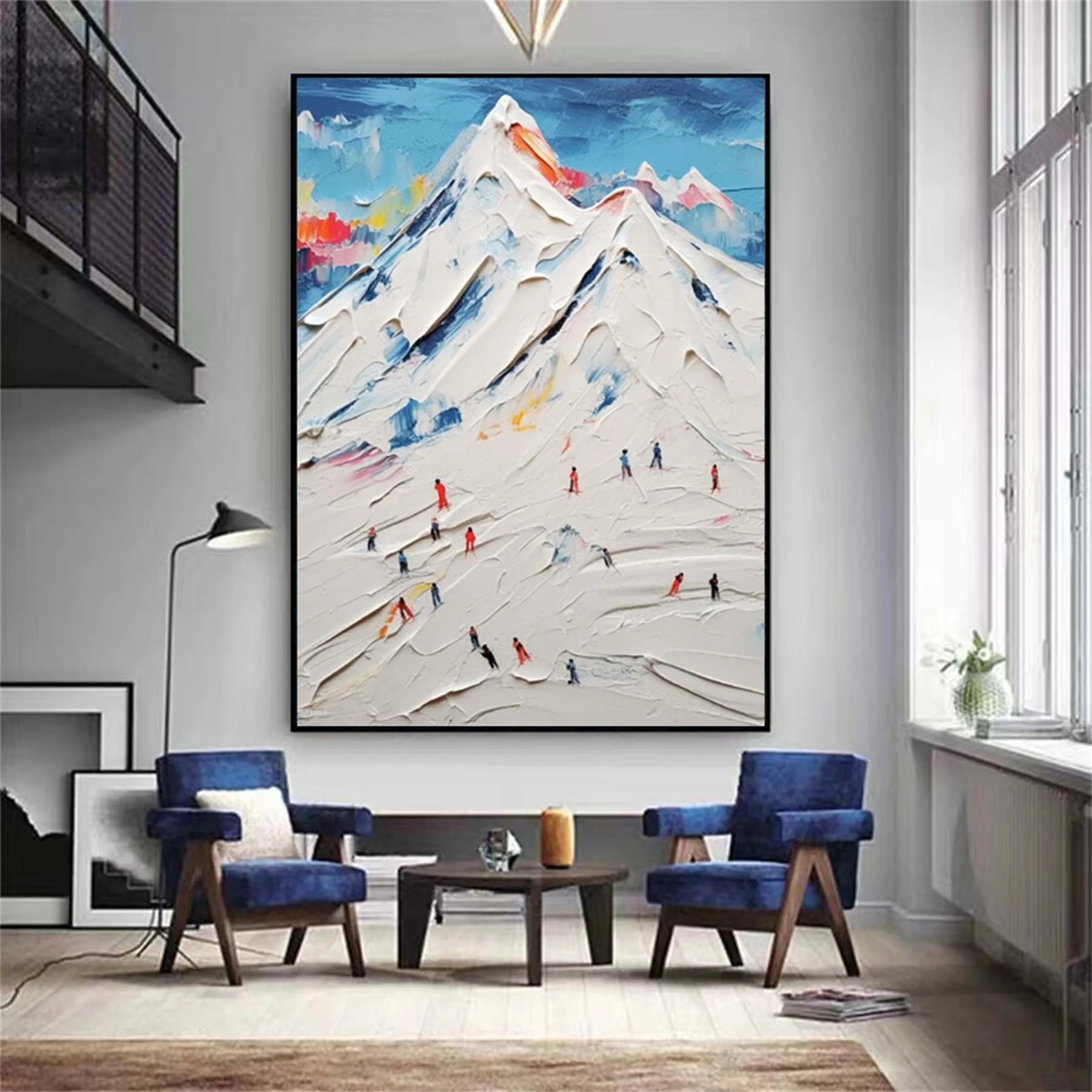 Winter Sport Abstract Oil Painting - Snow Mountain Skiers Art