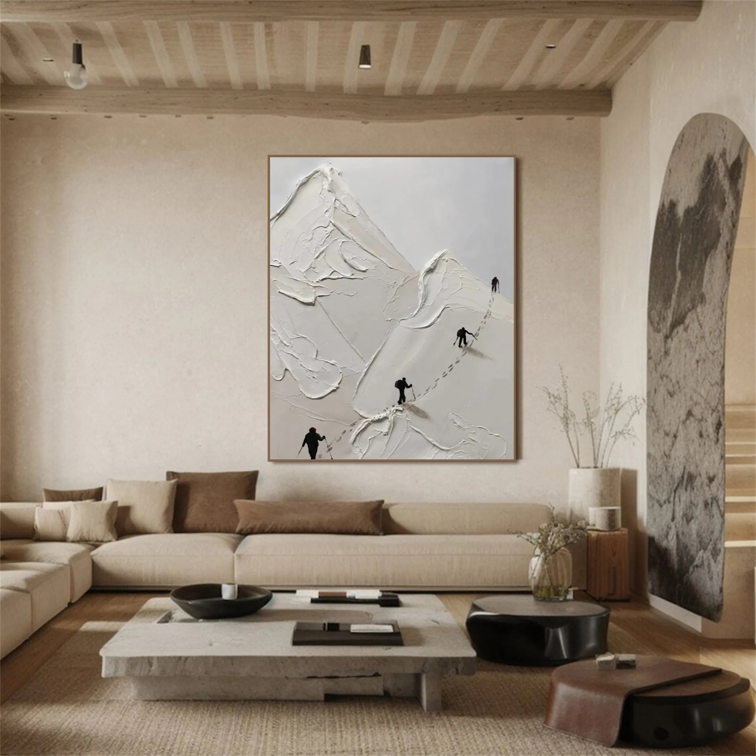 Textured Skiing Wall Art | Abstract Mountain Skiing Painting #JJ 398