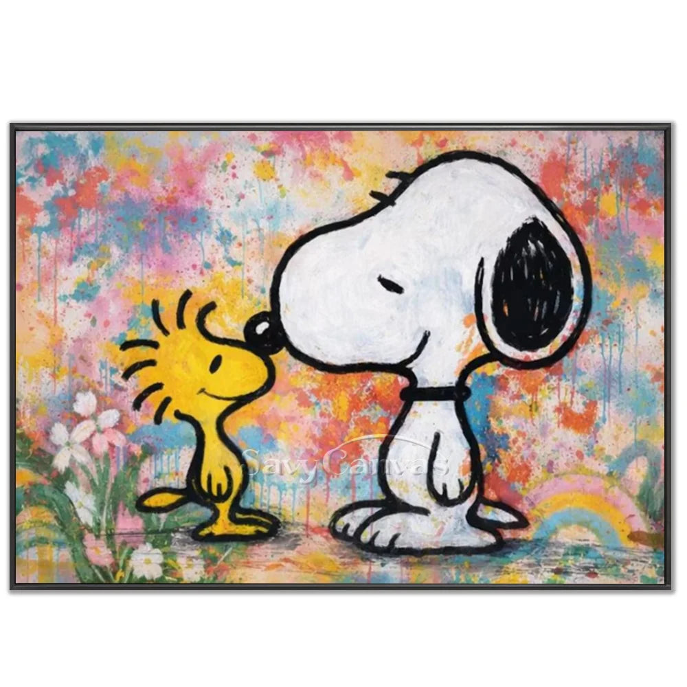 Hand-painted pop art Pollock style graffiti Snoopy and Woodstock oil painting on canvas by Savy Canvas, featuring iconic cartoon characters against a vibrant, multi-colored splatter-paint background. Modern street art wall decor, ready to hang.