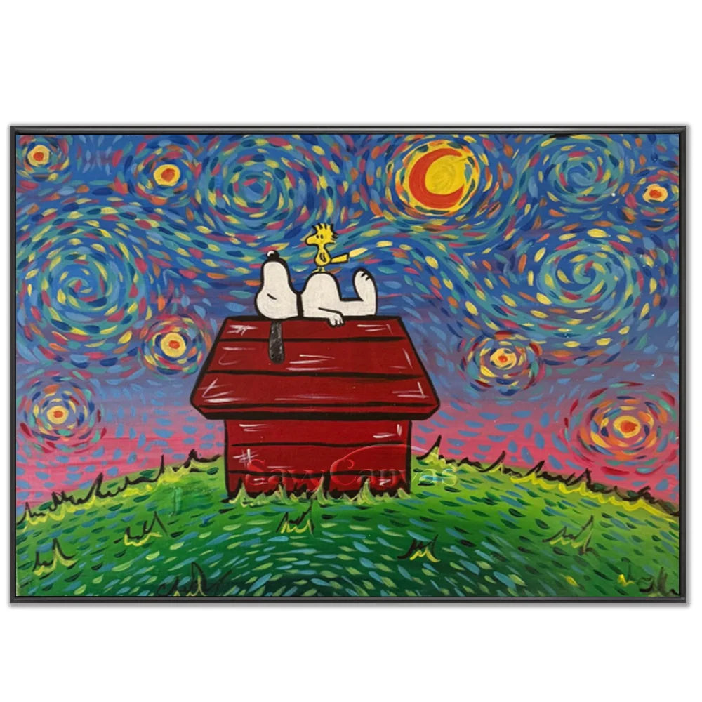 Hand-painted post-impressionism style Snoopy and Woodstock starry night oil painting on canvas by Savy Canvas, featuring iconic cartoon characters on a red doghouse under a swirling blue and yellow starry sky. Modern textured wall decor, ready to hang.