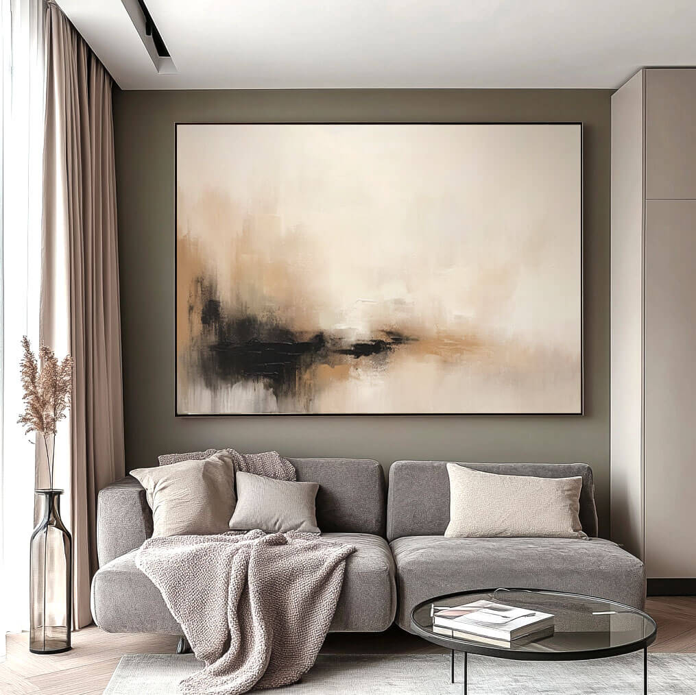 Beige and Black Abstract Canvas Wall Art | Neutral Living Room Decor