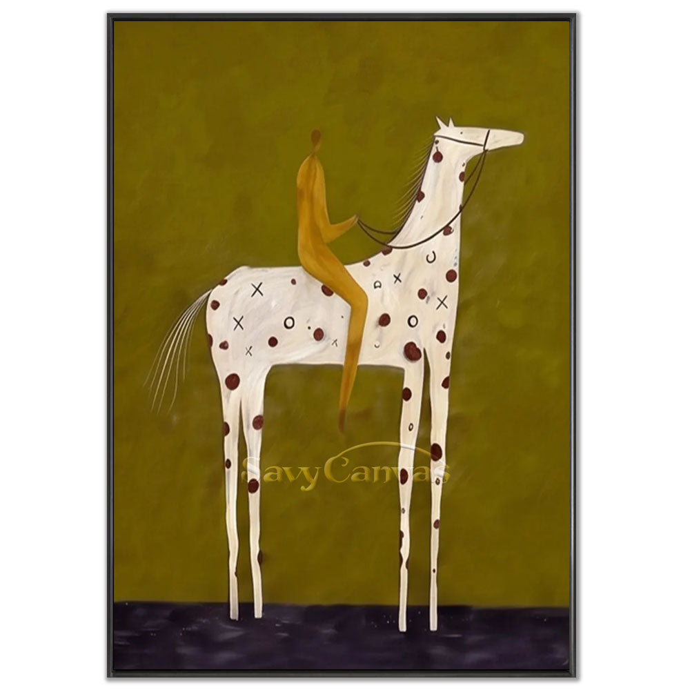 A 100% handmade modernist abstract oil painting with a heavy textured olive green background, depicting a minimalist portrait of a golden rider silhouette sitting on an elongated white horse adorned with dark red spots and geometric symbols.