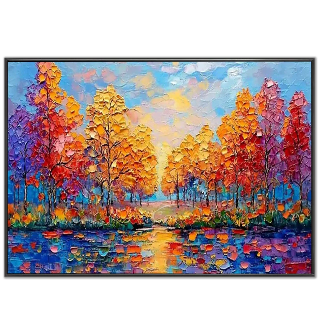 Sunset Lake Hand-Painted Oil Art | Vibrant Large Textured Trees #JJ 325