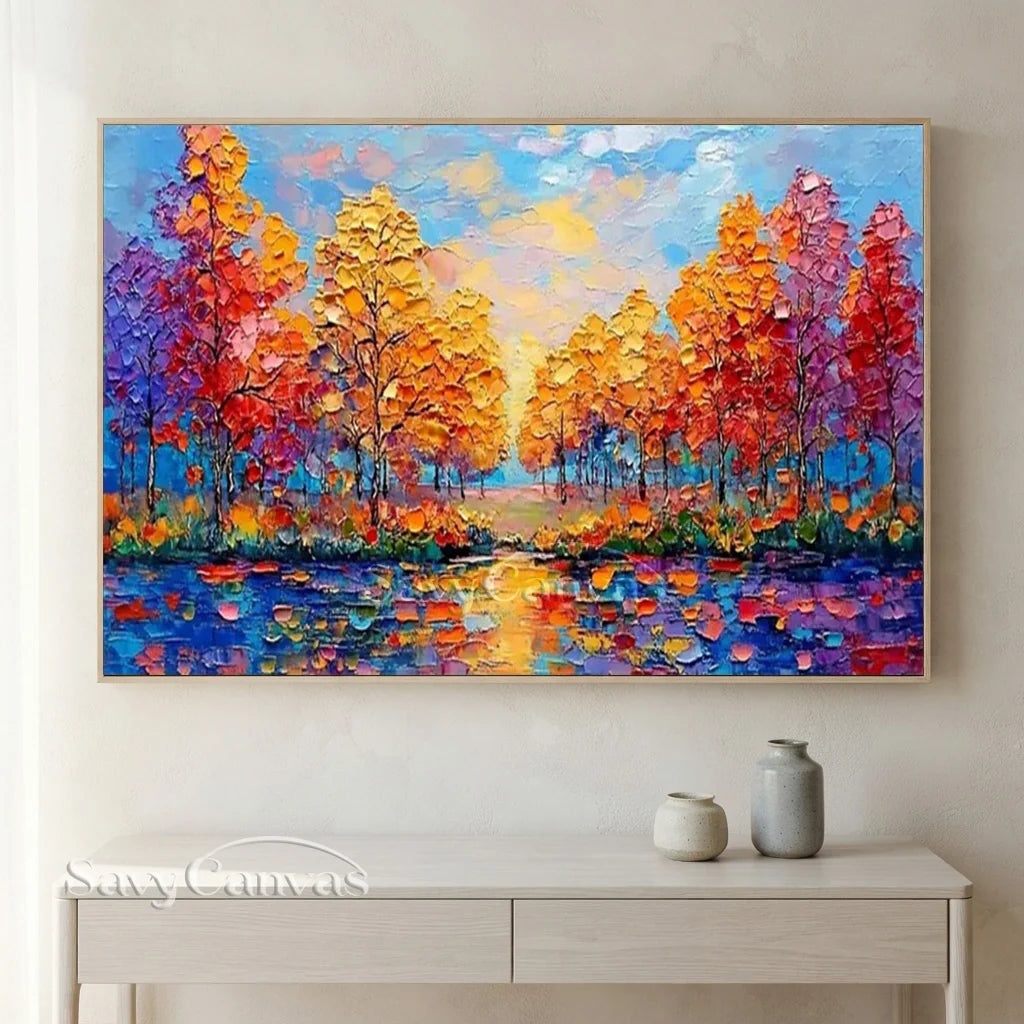 Sunset Lake Hand-Painted Oil Art | Vibrant Large Textured Trees #JJ 325