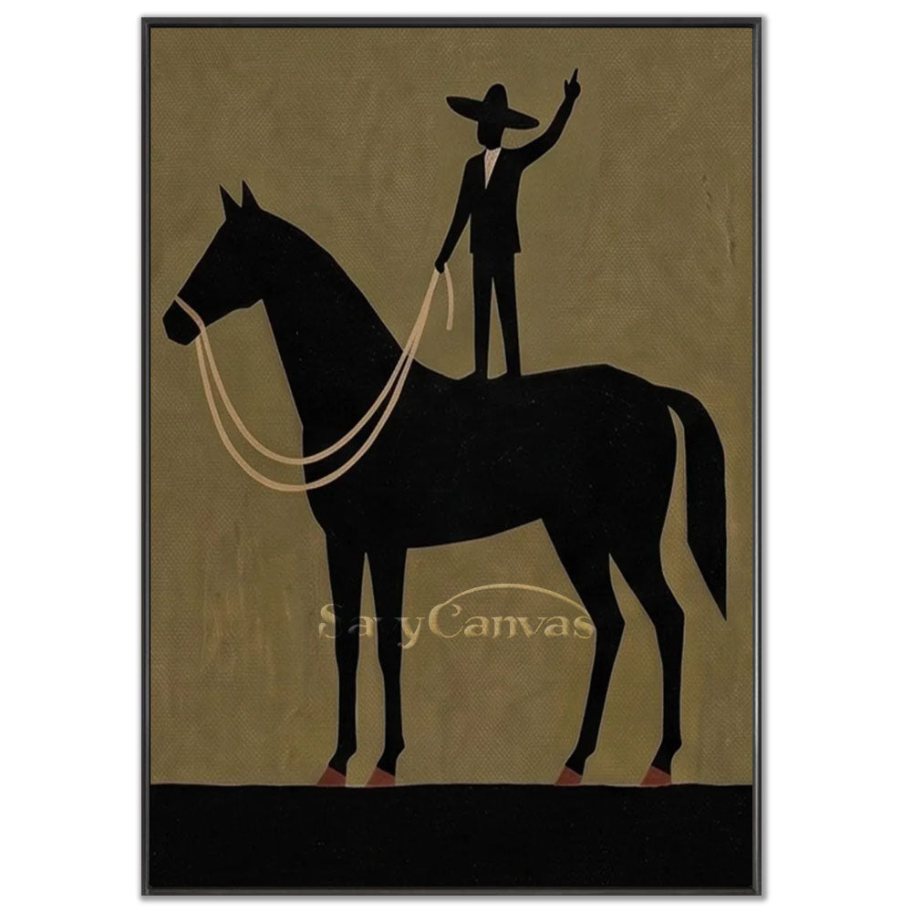 A 100% handmade surrealist abstract oil painting with a heavy textured olive green background, depicting a minimalist portrait of a black rider silhouette in a traditional wide-brimmed hat standing on an elegant black horse.