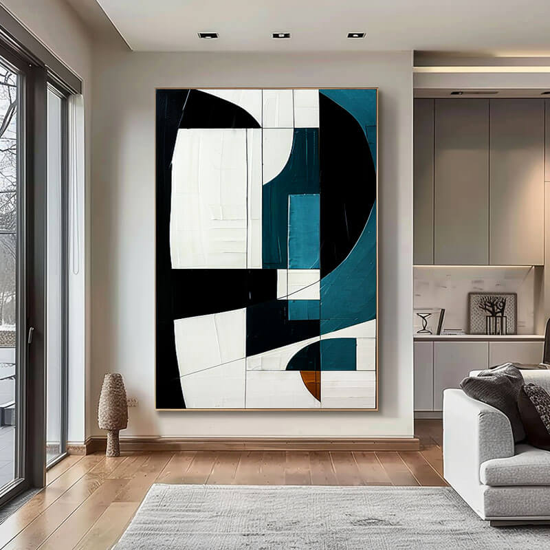 Modern Geometric Art | Black, White & Teal Canvas Painting #AA 042