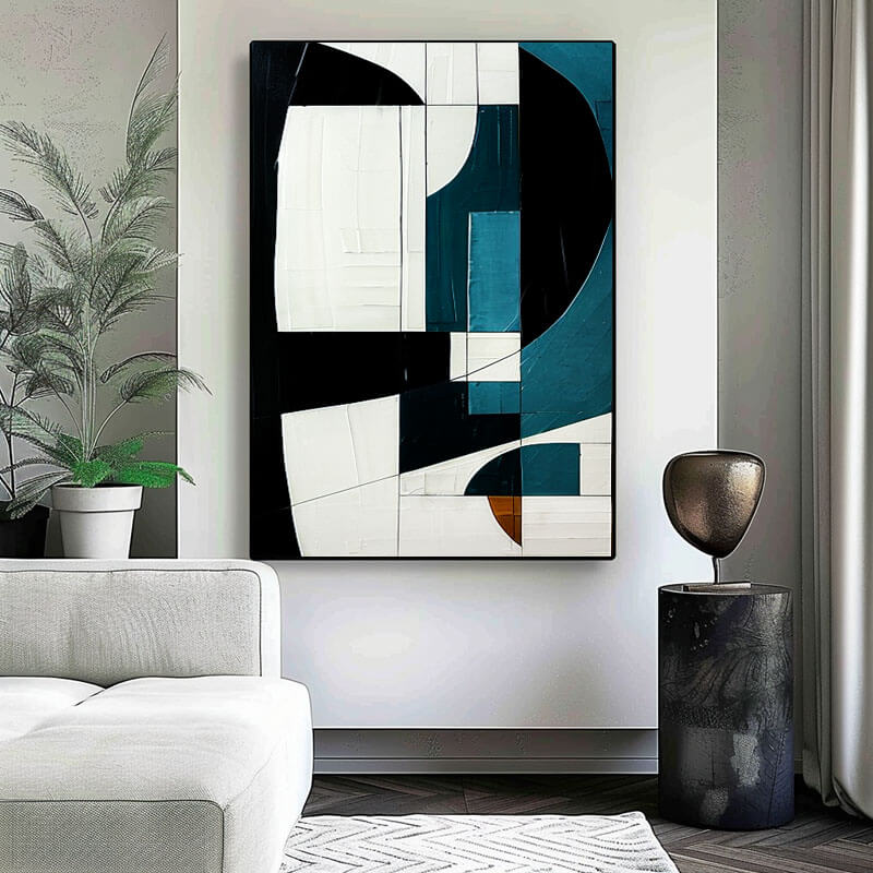 Modern Geometric Art | Black, White & Teal Canvas Painting #AA 042