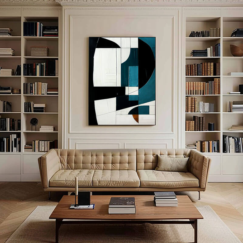 Modern Geometric Art | Black, White & Teal Canvas Painting #AA 042