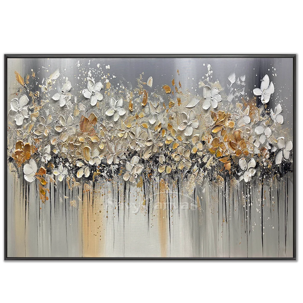 Textured Floral Abstract Oil Art - Gold Beige with Dripping #JJ 021