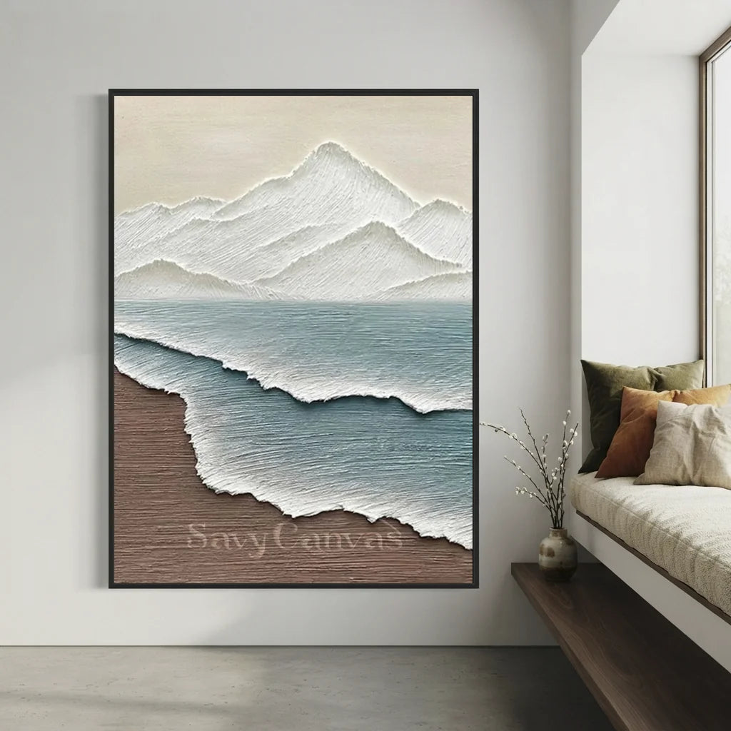 White Blue Textured Mountain Sea Abstract Oil Painting - Modern Art #JJ 115