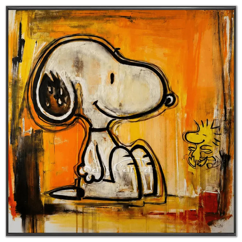Hand-painted pop art Pollock style Snoopy and Woodstock oil painting on canvas by Savy Canvas, featuring the iconic cartoon characters against a vibrant, textured orange and yellow abstract background. Modern wall decor, ready to hang.