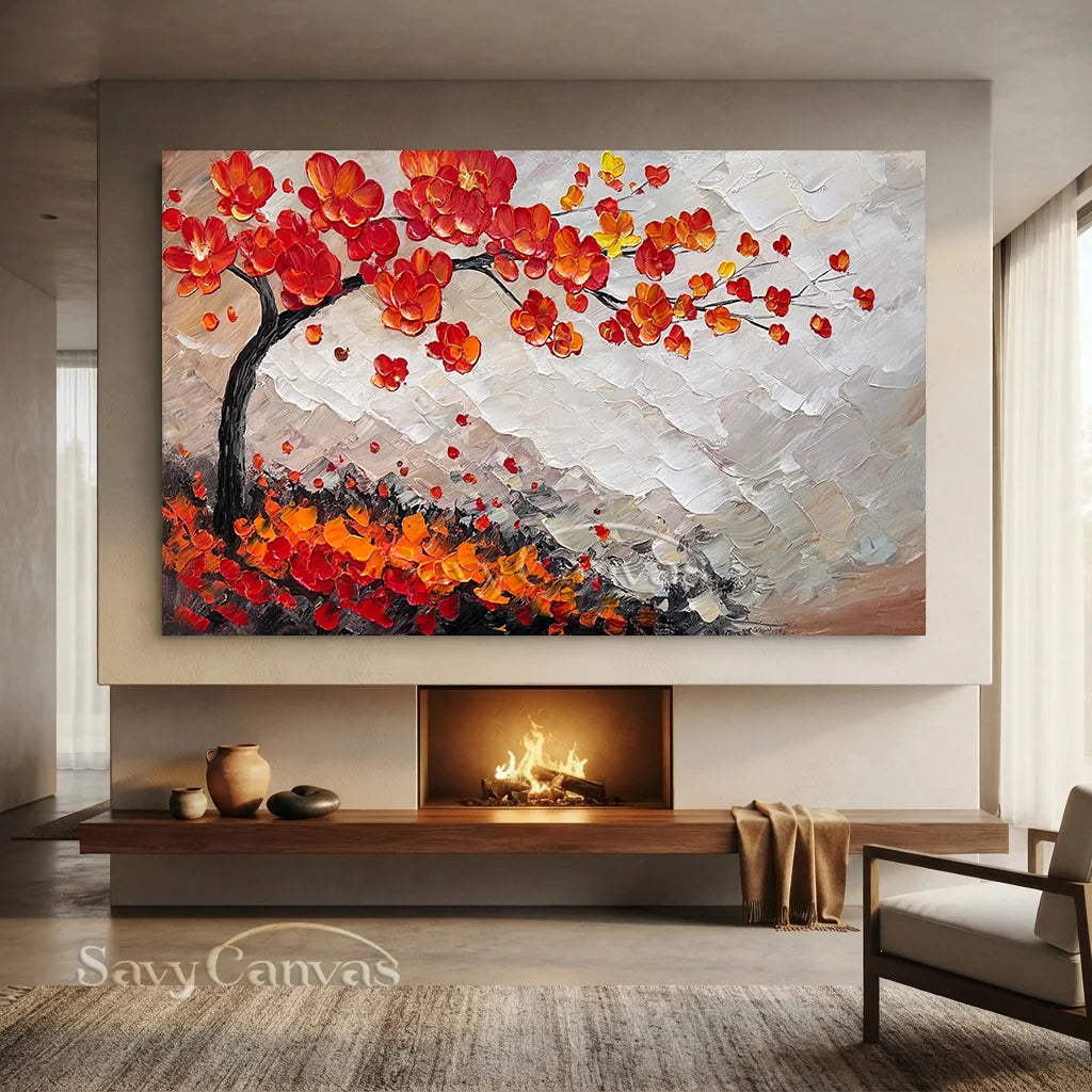 Large Abstract Orange Foliage | Textured Tree Oil Painting #JJ 302