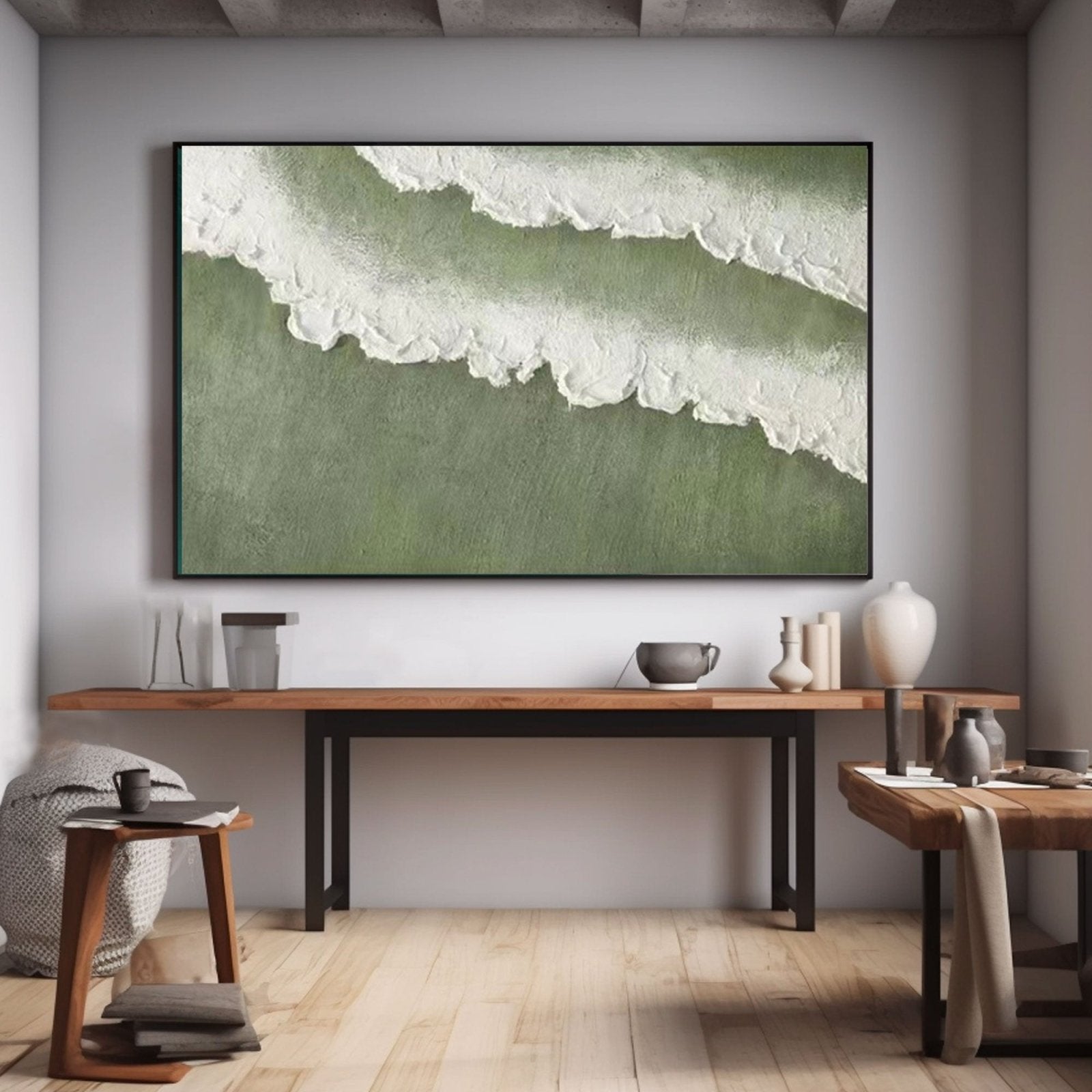 Large Green Abstract Canvas Art – Modern Textured Ocean Wave Painting #TC 233