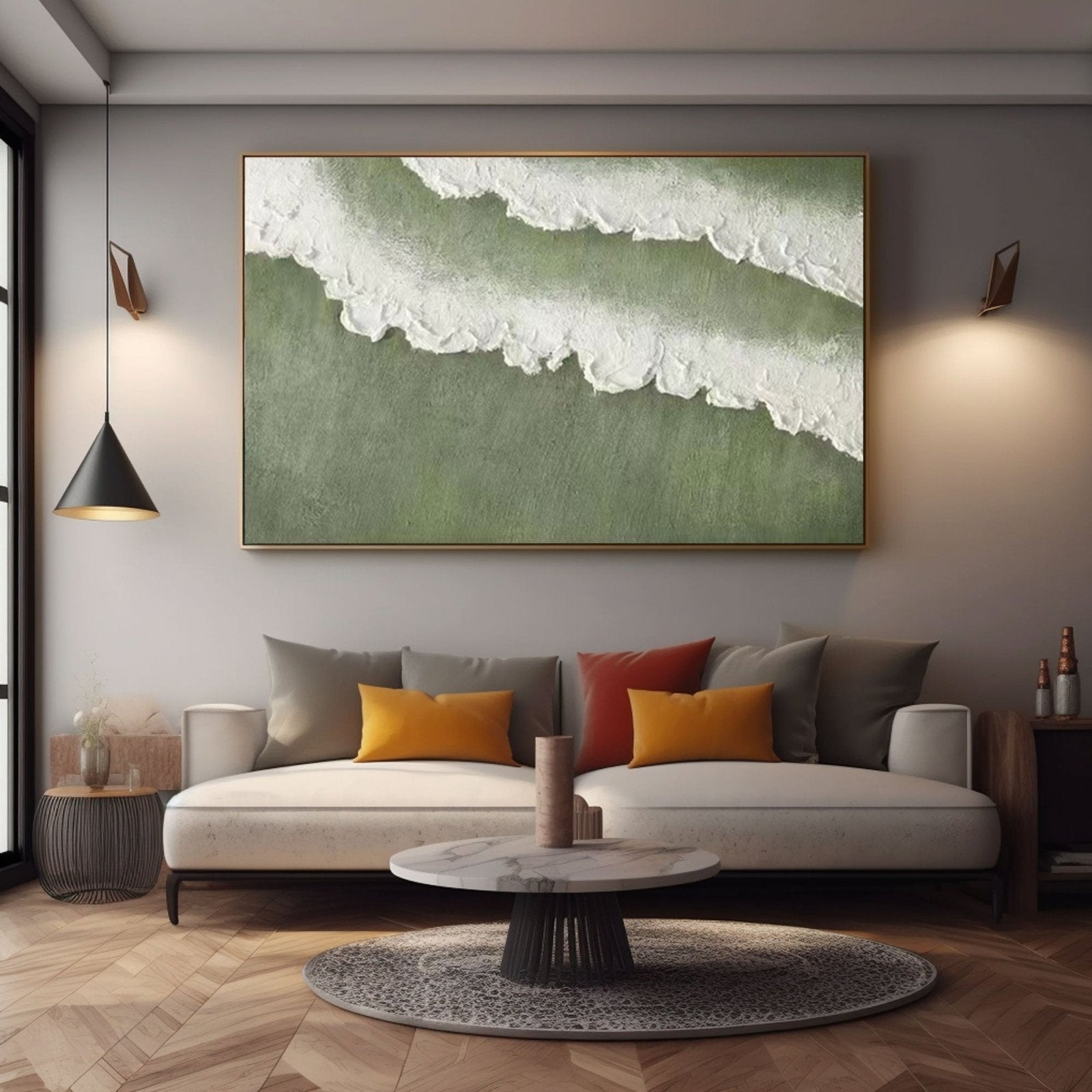 Large Green Abstract Canvas Art – Modern Textured Ocean Wave Painting #TC 233