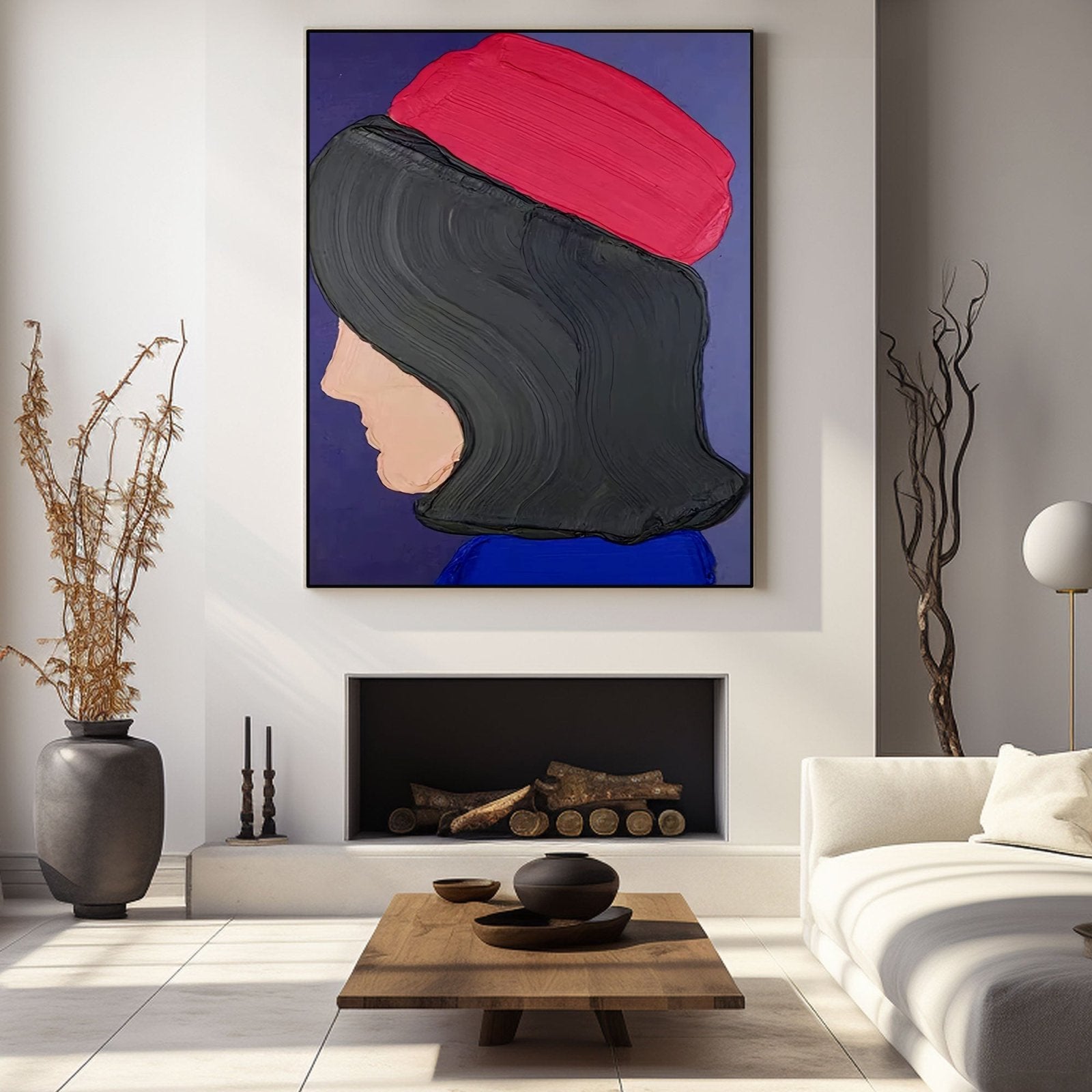 Abstract Woman Portrait with Red Beret | Modern Profile Canvas #AA 429