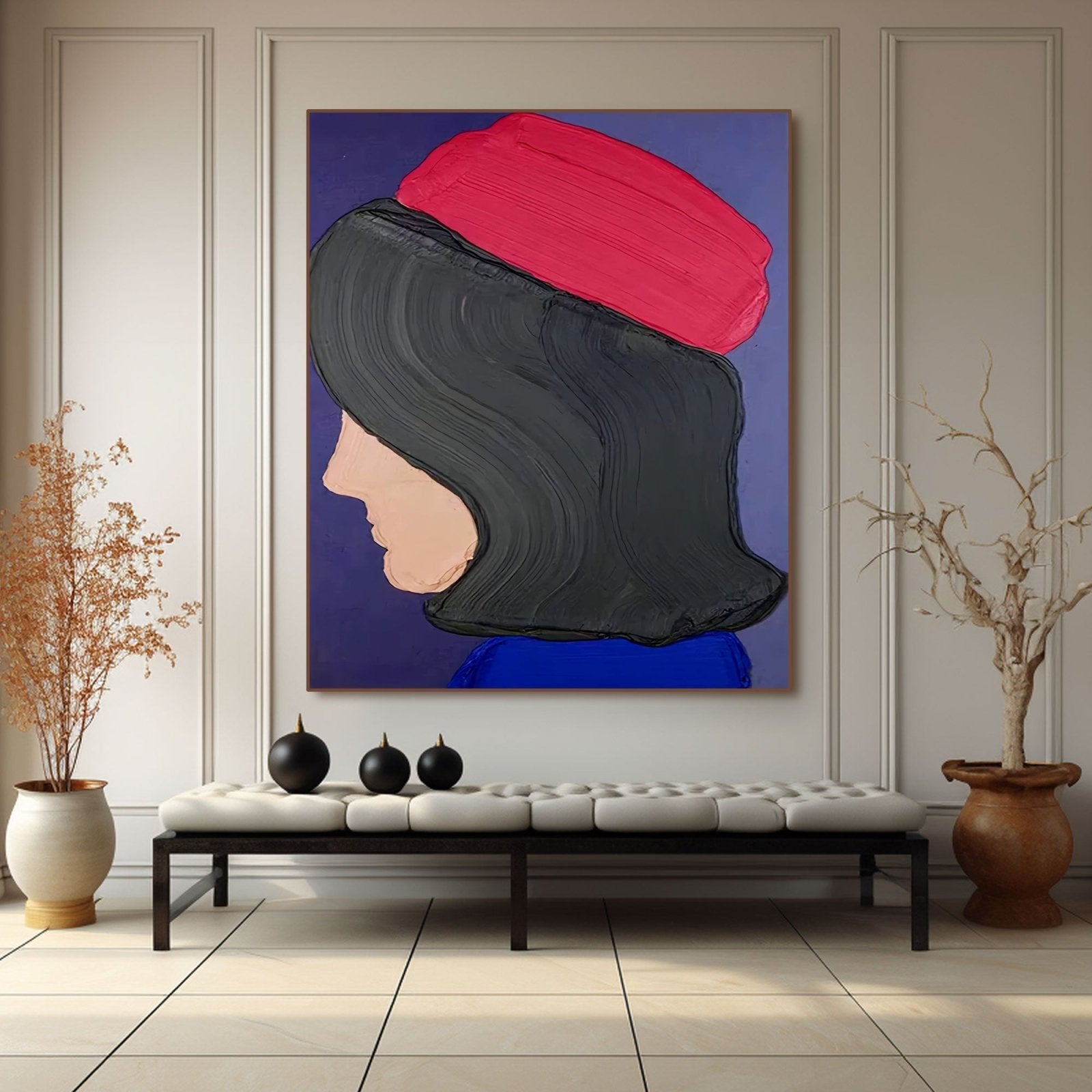 Abstract Woman Portrait with Red Beret | Modern Profile Canvas #AA 429