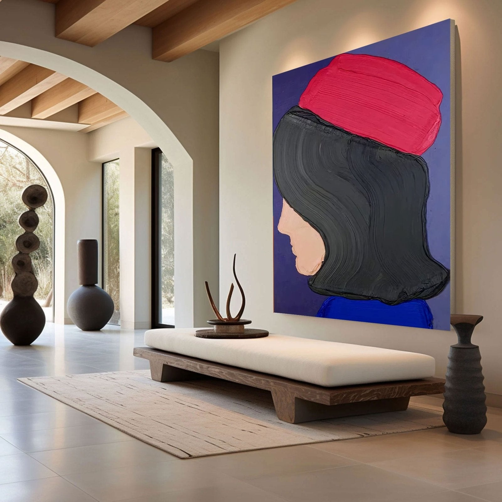 Abstract Woman Portrait with Red Beret | Modern Profile Canvas #AA 429