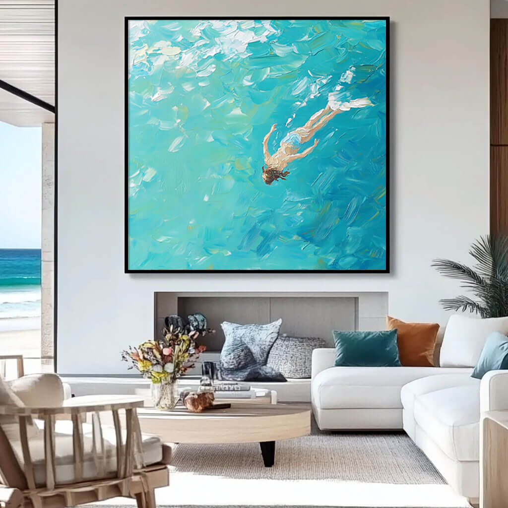 Woman Swimming in Turquoise Water | Large Blue Ocean Art