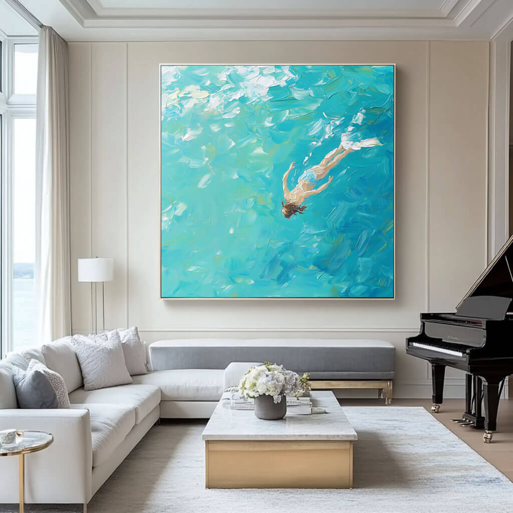 Textured Swimmer Painting | Impasto Ocean Wall Art #AA 071