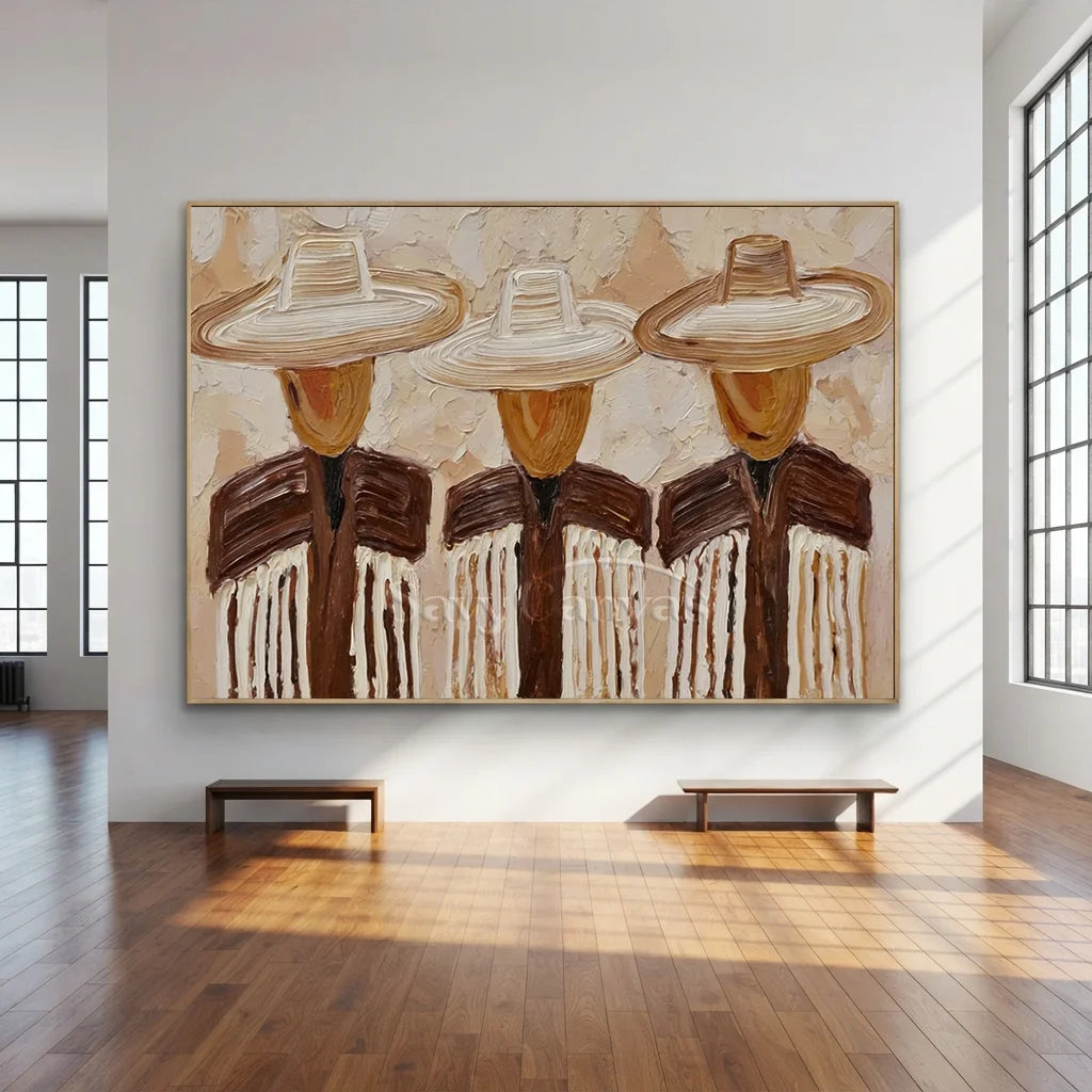 Handcrafted expressionist heavy textured oil painting in a black frame featuring three stylized cowboys in neutral earth tones, ideal for modern living room or office wall decor.