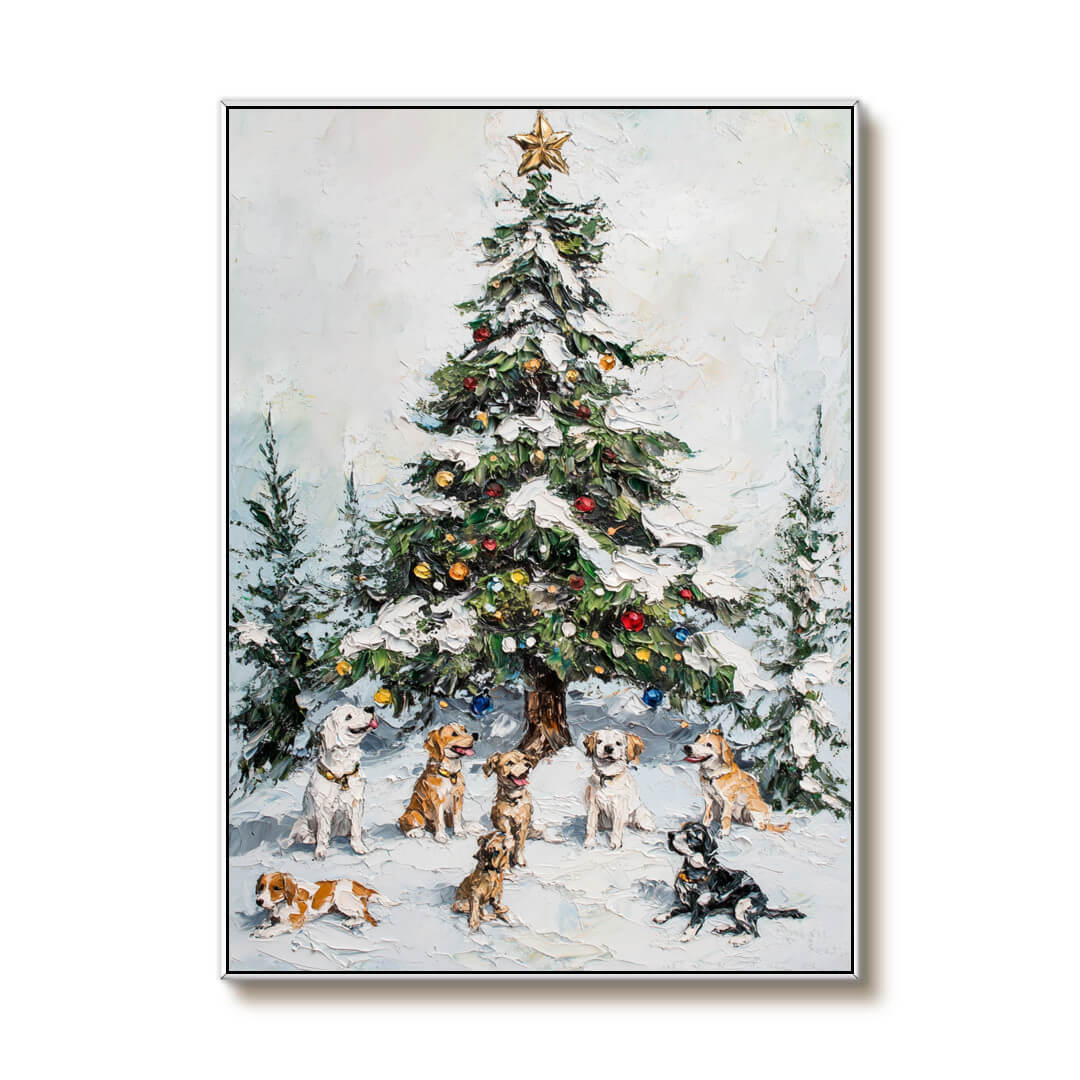 Joyful Family Holiday Art Print | Christmas Dogs Canvas Painting #AA 386