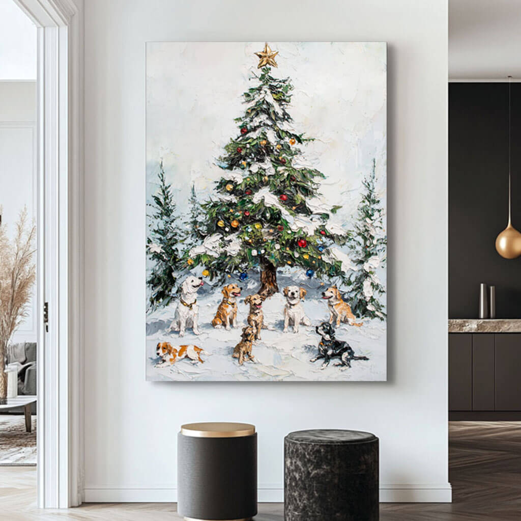 Christmas Tree with Dogs Canvas Wall Art | Cute Puppy Holiday Decor