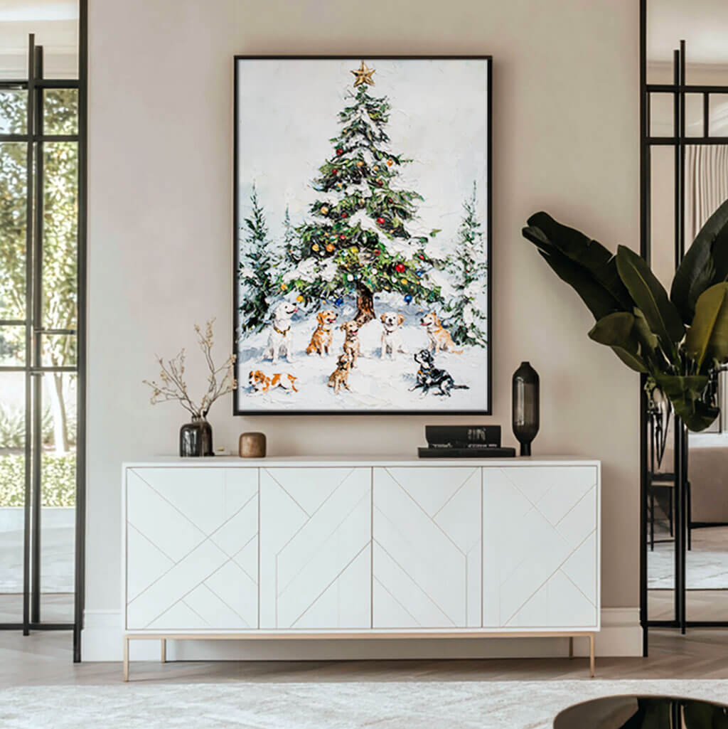 Joyful Family Holiday Art Print | Christmas Dogs Canvas Painting #AA 386