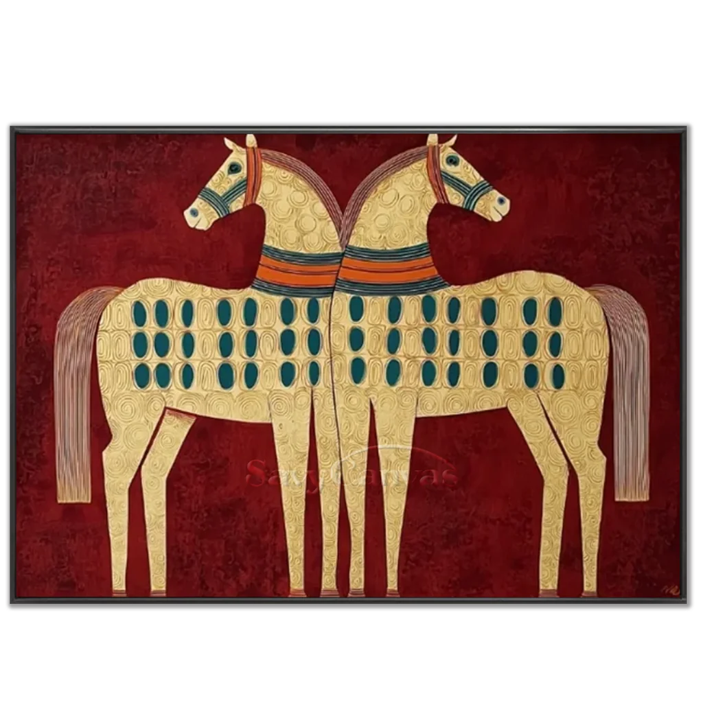 Expressionist Folk Art Twin Horses Oil Painting #SS 364