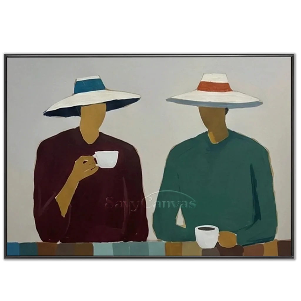 Handmade Expressionist Minimalist Coffee People Oil Painting #SS 365
