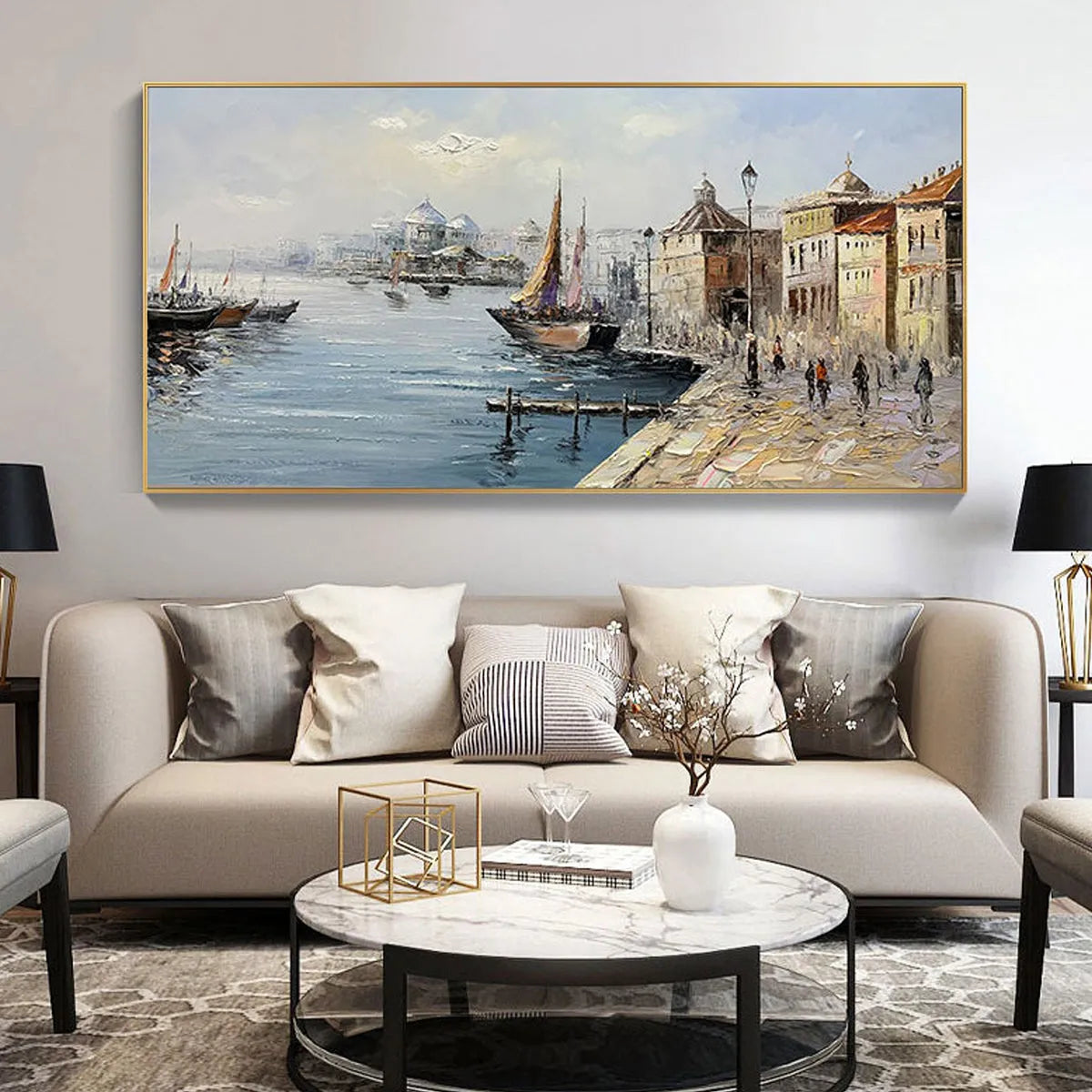 European Harbor Painting | Sailboat Cityscape Wall Art #AA 087
