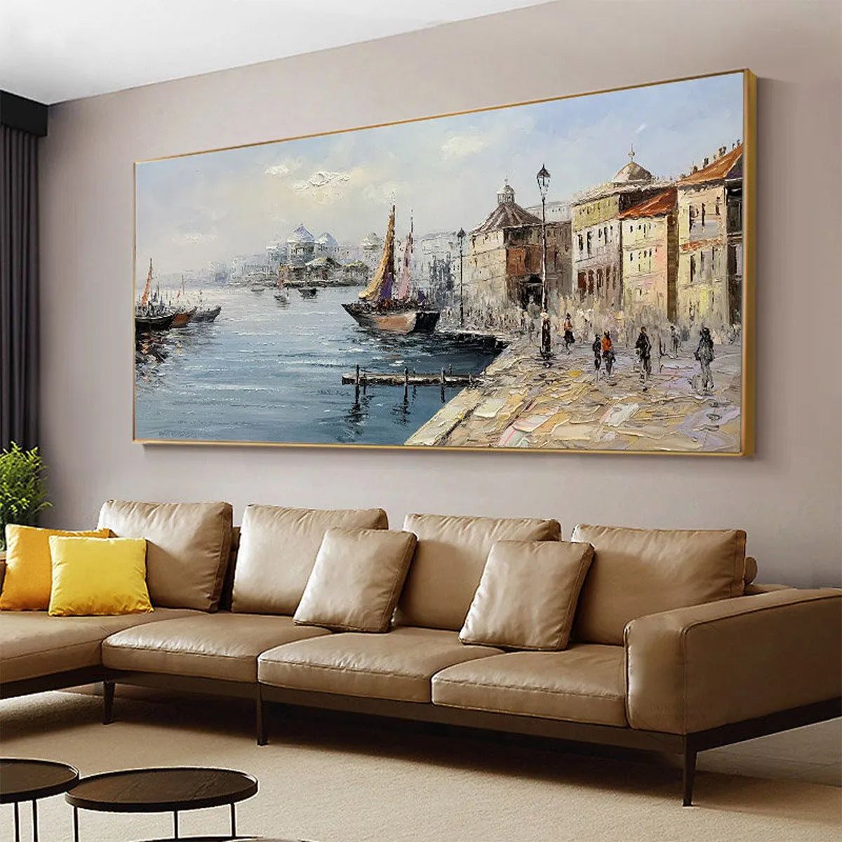 European Harbor Painting | Sailboat Cityscape Wall Art #AA 087