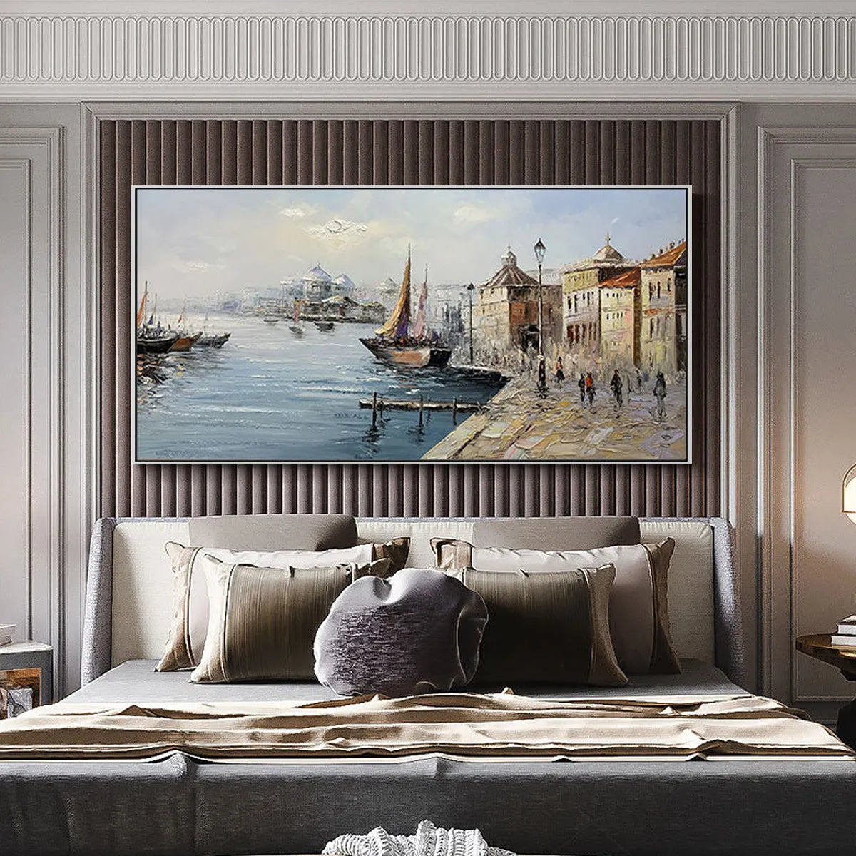 European Harbor Painting | Sailboat Cityscape Wall Art #AA 087