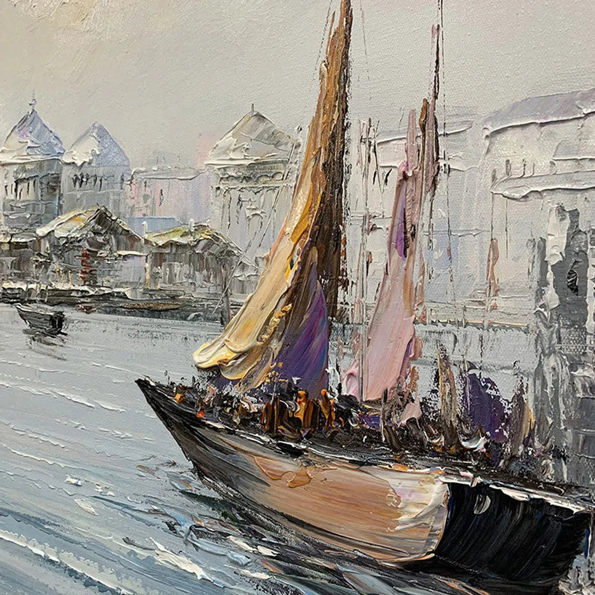 European Harbor Painting | Sailboat Cityscape Wall Art #AA 087