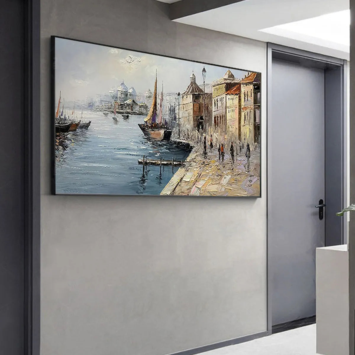 European Harbor Painting | Sailboat Cityscape Wall Art #AA 087