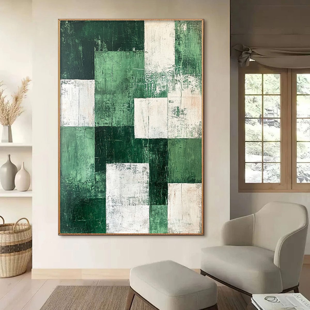Geometric Color Block Painting | Green and White Wall Art
