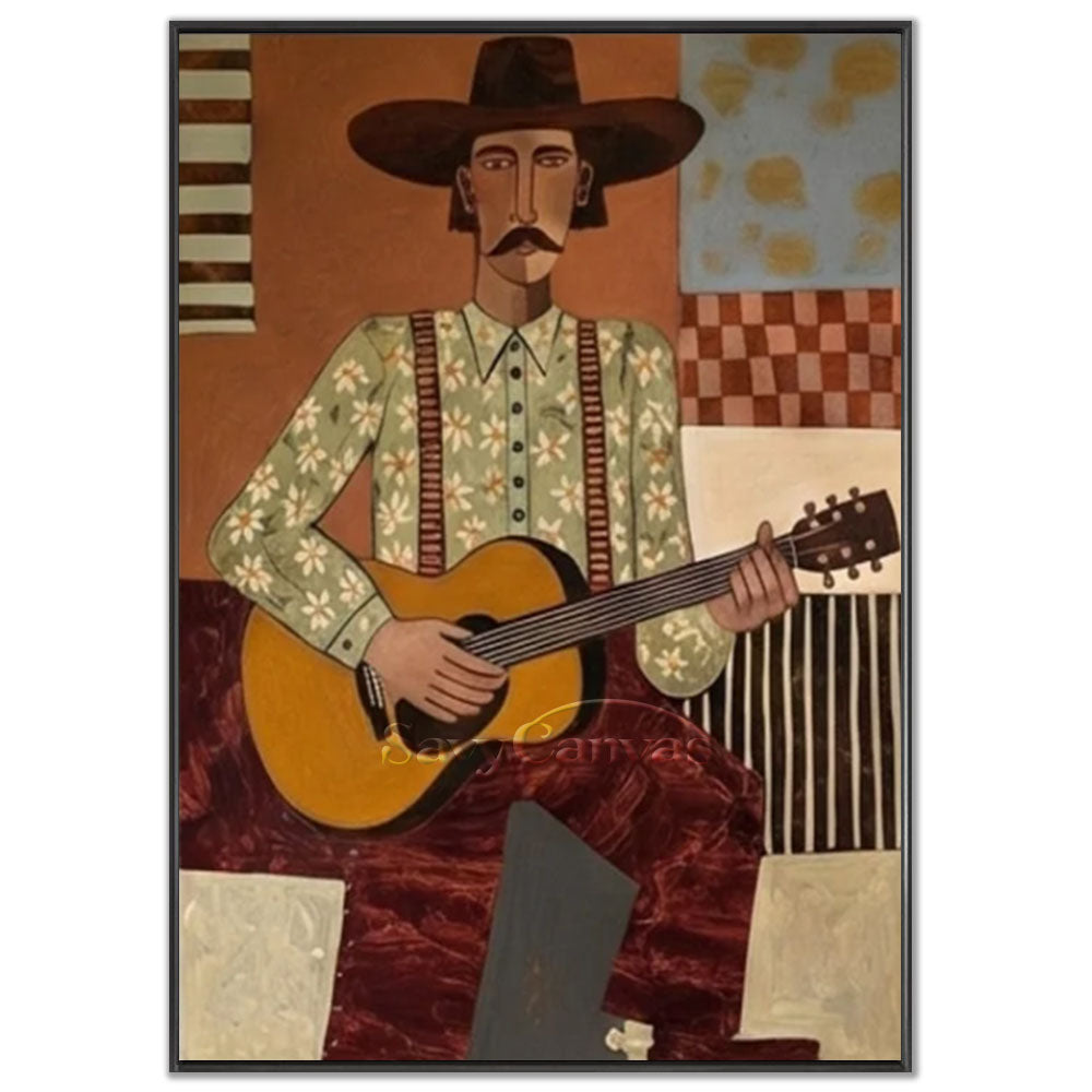 A 100% handmade modernist oil painting with a textured canvas background, featuring a stylized geometric portrait of a cowboy with a mustache and a wide-brimmed brown hat, wearing a green floral shirt with suspenders, playing an acoustic guitar against a patterned background of terracotta colors, stripes, and checkerboards.
