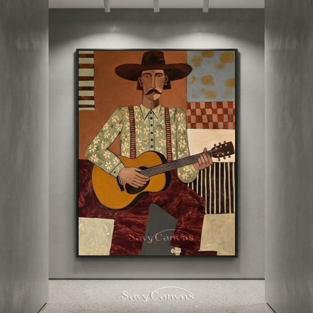 Vintage Guitar Cowboy Portrait Oil Painting #SS 234