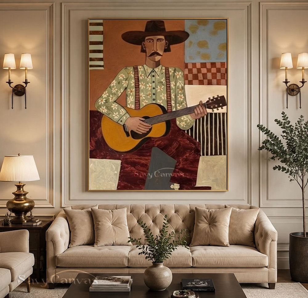 Vintage Guitar Cowboy Portrait Oil Painting #SS 234