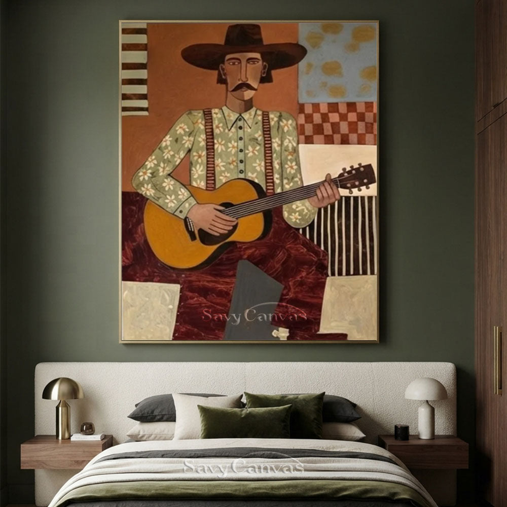 Vintage Guitar Cowboy Portrait Oil Painting #SS 234