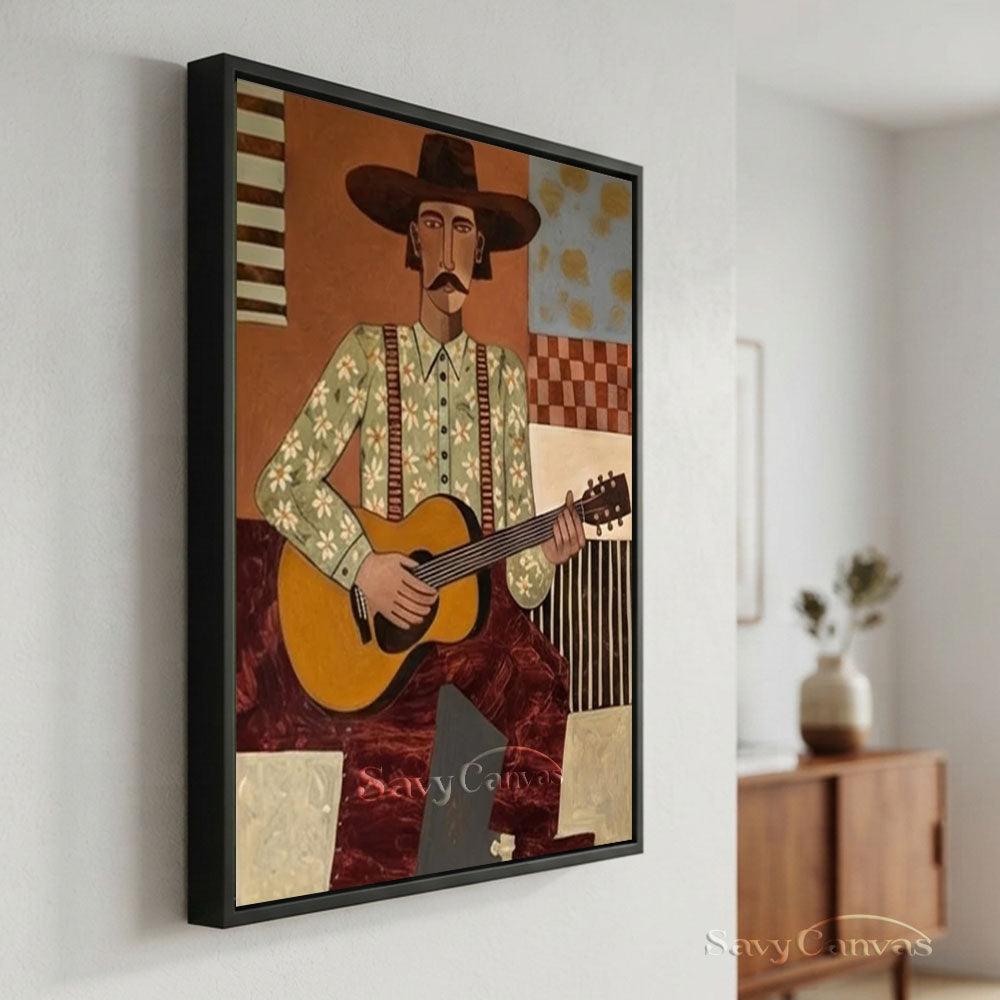 Vintage Guitar Cowboy Portrait Oil Painting #SS 234