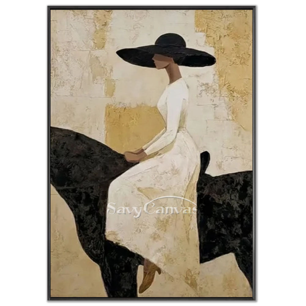 A 100% handmade Art Deco oil painting with a heavy textured gold and beige rustic background, featuring an elegant portrait of a woman in a flowing ivory dress and wide-brimmed black hat riding side-saddle on a stark black horse with rich palette knife textures.