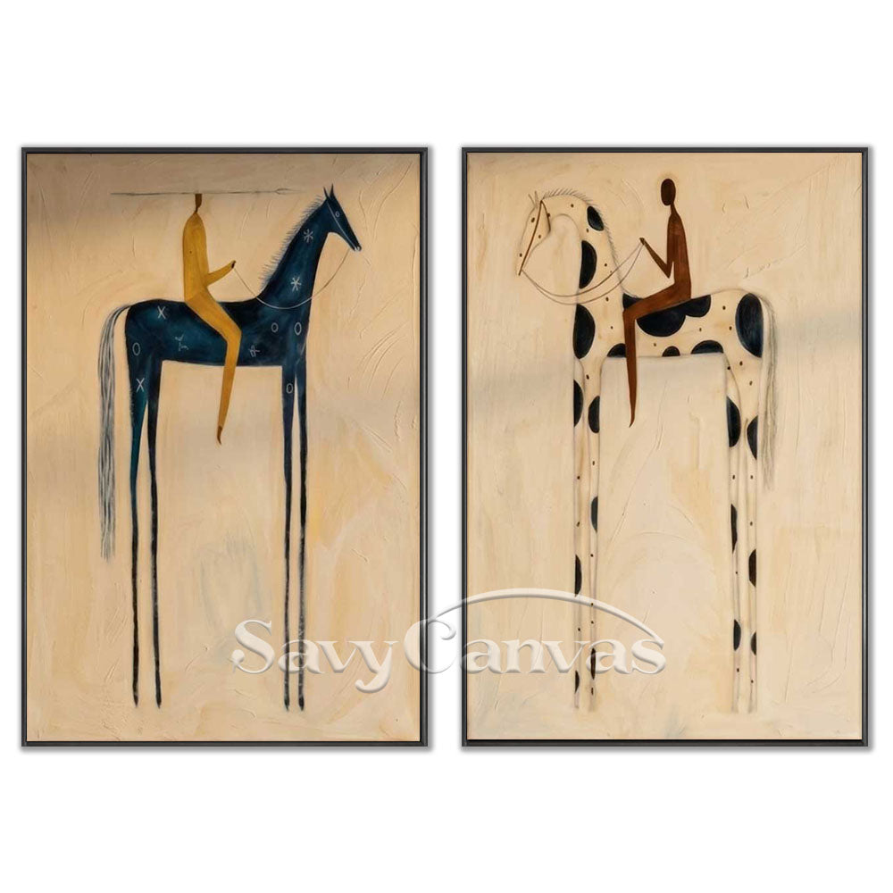 Hand-crafted modernism style equestrian and long-legged figure oil painting diptych on canvas by Savy Canvas, featuring abstract horses and riders in deep blue, beige, and brown tones with black frames. Sophisticated wall decor, ready to hang.