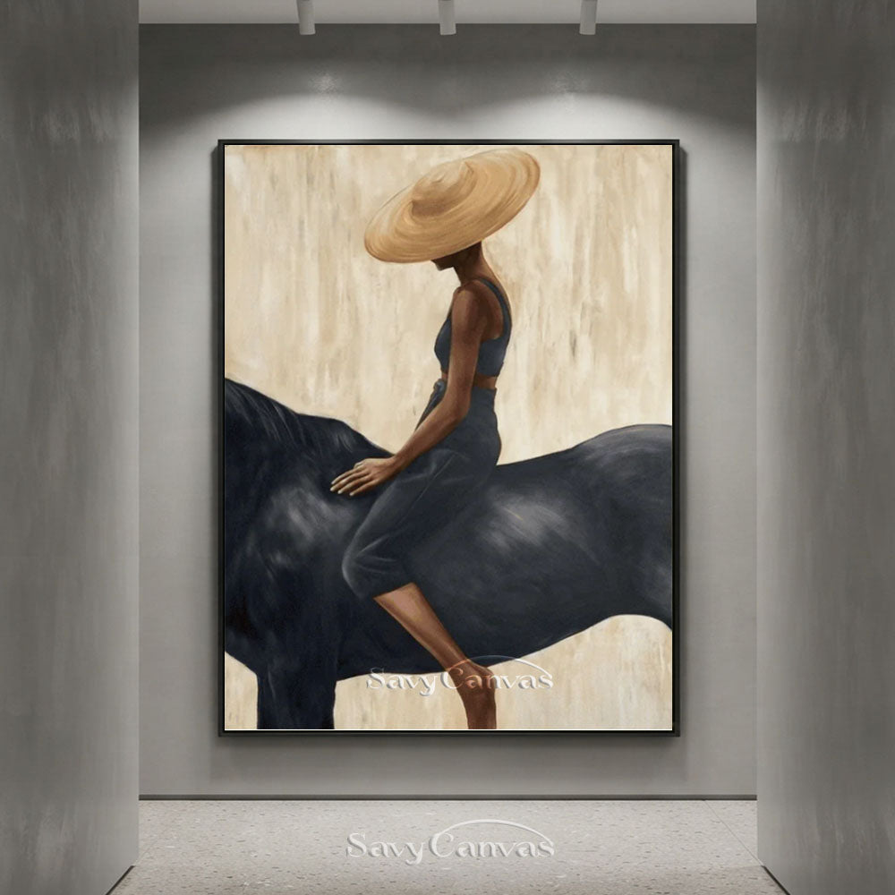 Impressionist Black Horse Woman Rider Beige Oil Painting #SS 226