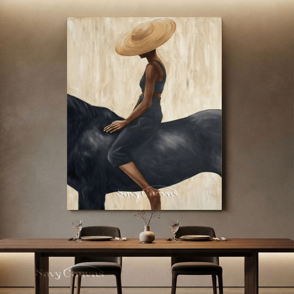 Impressionist Black Horse Woman Rider Beige Oil Painting #SS 226