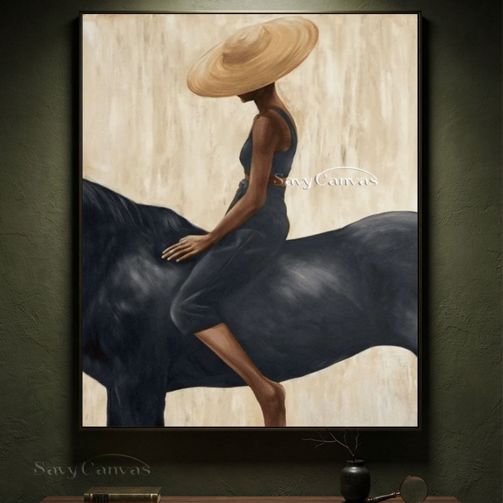 Impressionist Black Horse Woman Rider Beige Oil Painting #SS 226