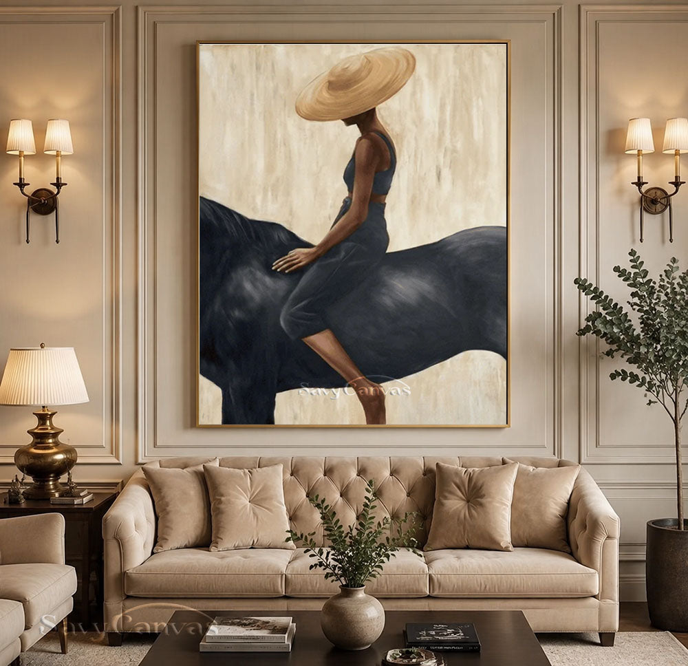 Impressionist Black Horse Woman Rider Beige Oil Painting #SS 226