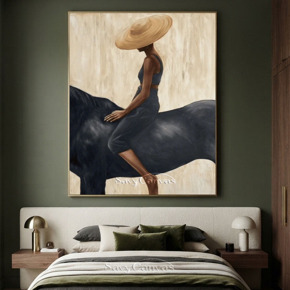 Impressionist Black Horse Woman Rider Beige Oil Painting #SS 226