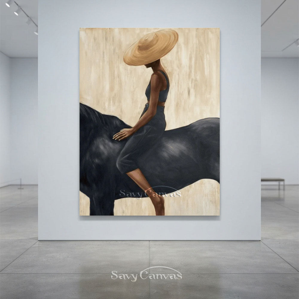 Impressionist Black Horse Woman Rider Beige Oil Painting #SS 226