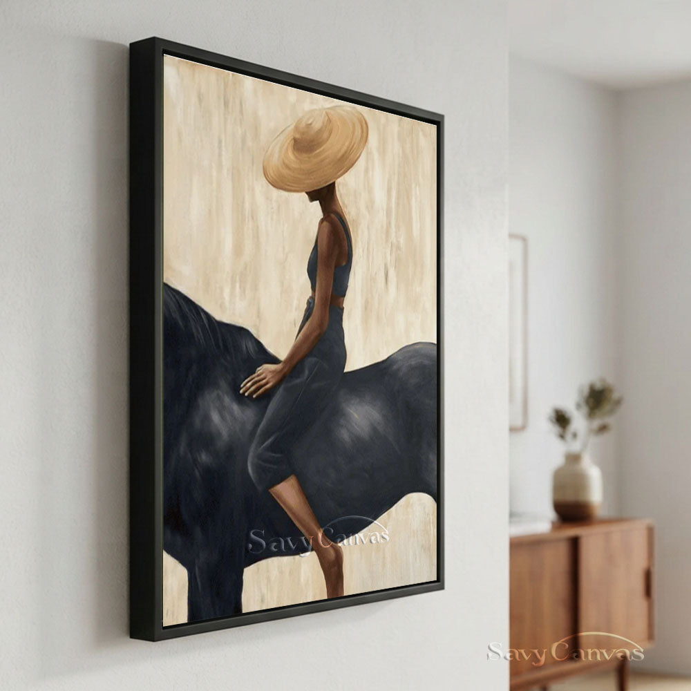 Impressionist Black Horse Woman Rider Beige Oil Painting #SS 226